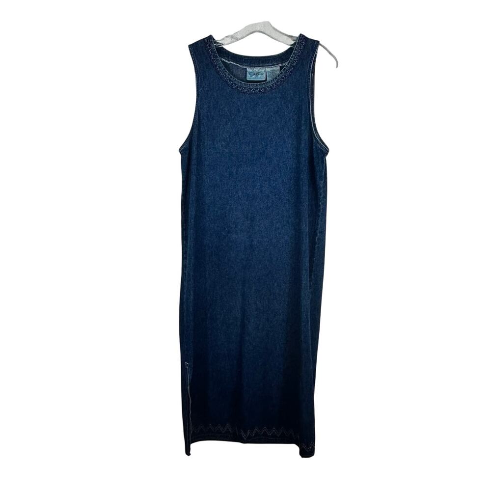 Studio Ease Denim Long Maxi Dress Sleeveless 12 Side‎ Slits Modest 100% Cotton